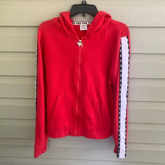 PINK Victoria s Secret red zip-up hoodie Y2K white stripe snap details sz L - Picture 7 of 14